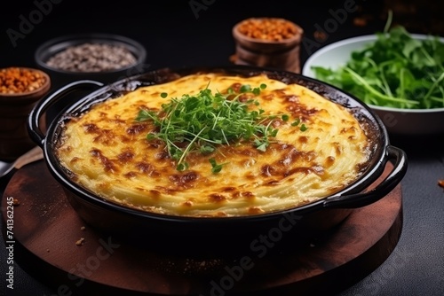 Delicious shepherds pie classic savory dish for restaurant menu with space for text