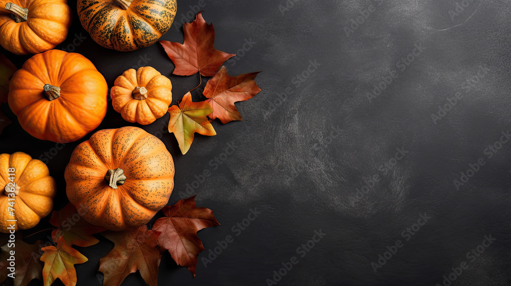 A group of pumpkins with dried autumn leaves and twig, on a dark gray color marble A group of pumpkins with dried autumn leaves and twig, on a dark gray color marble