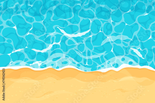 Beach with sand water ripple surface with sunlight reflections, game texture top view. Beach, ocean clean and deep water. photo