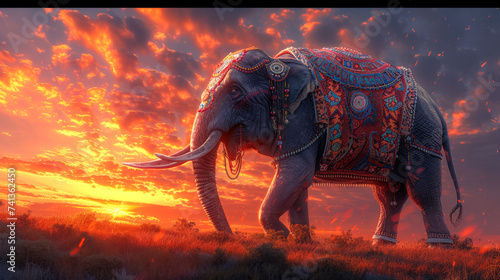 Dignified elephant adorned with tribal ornaments, wearing a vibrant tapestry robe, against a twilight sky backdrop, lit with fiery hues, emanating strength and wisdom