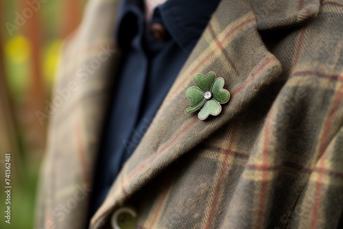 person wearing a fourleaf clover brooch on a jacket photo