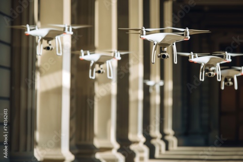sleek, white drones flying in formation down a columned hallway photo