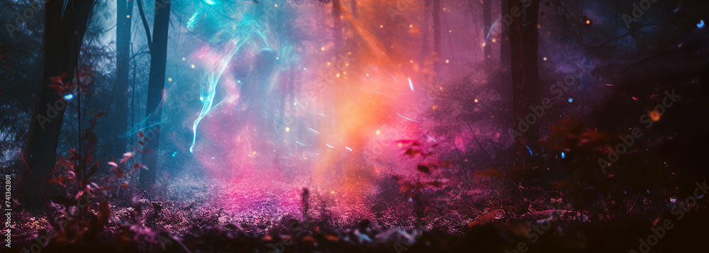A colorful bright fantasy, fairy-tale background. A forest clearing with purple, blue and pink colored foggy, misty, glittering lights. - obrazy, fototapety, plakaty 