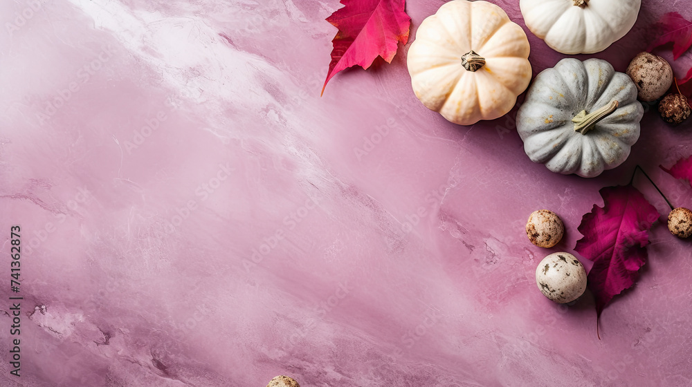A group of pumpkins with dried autumn leaves and twig, on a fuchsia color marble A group of pumpkins with dried autumn leaves and twig, on a fuchsia color marble