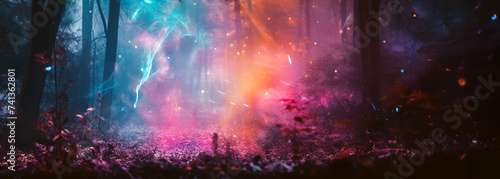A colorful bright fantasy, fairy-tale background. A forest clearing with purple, blue and pink colored foggy, misty, glittering lights. © bagotaj