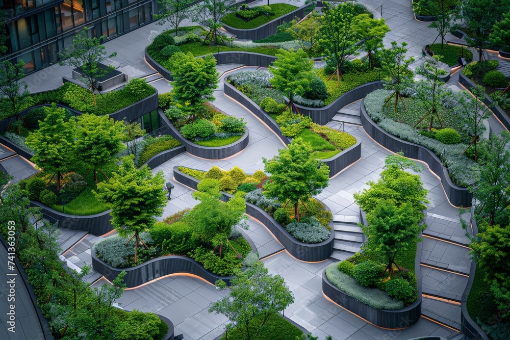 Innovative mixed-use development, terraced design with public green spaces, modern urban living, pedestrian-friendly pathways Innovative mixed-use development, terraced design with public green spaces, modern urban living, pedestrian-friendly pathways
