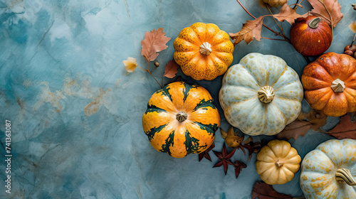 A group of pumpkins with dried autumn leaves and twig, on a aqua color marble