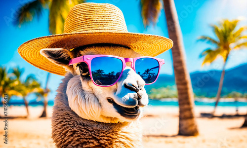 lama with glasses on a background of palm trees. Selective focus. photo