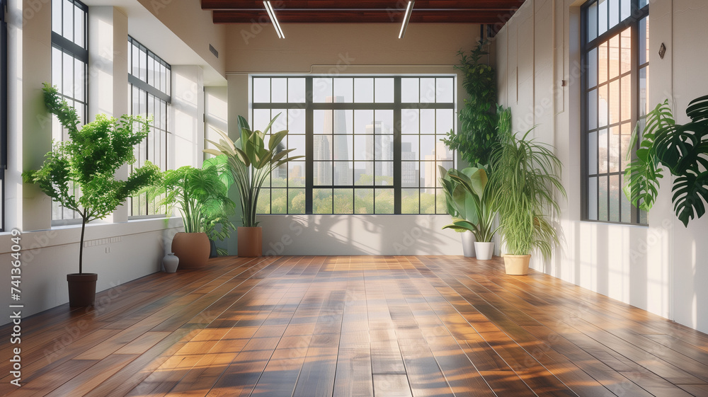 Fototapeta premium an empty modern contemporary loft room, featuring a polished wooden floor with scattered green plants.