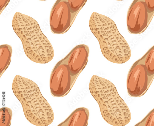 Peanut kernels in shell and half open at different angles. Seamless pattern in vector. Suitable for backgrounds and prints