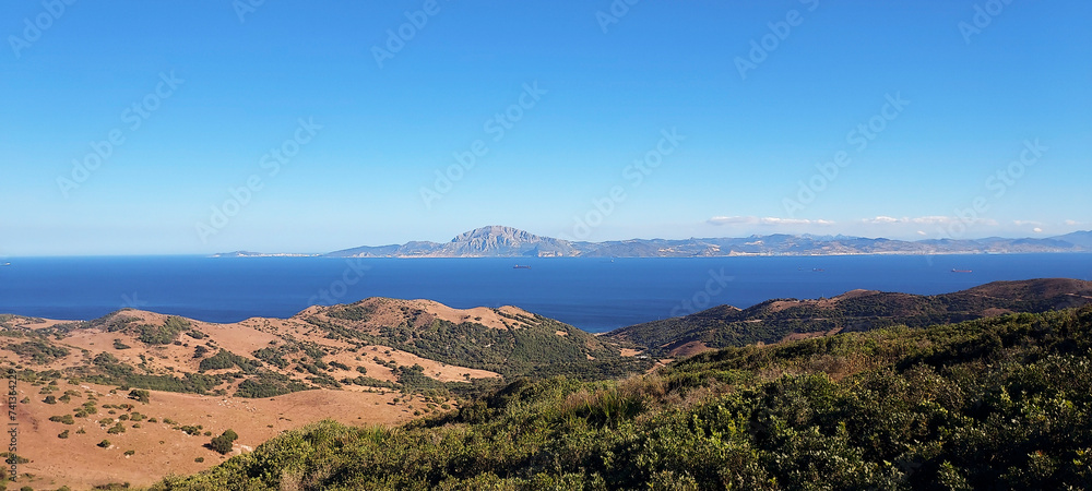 
View of the sea between Tarifa and Algeciras in Andalusia through the Strait of Gibraltar to Morocco with the Jbel Musa mountain and Ceuta, Spain