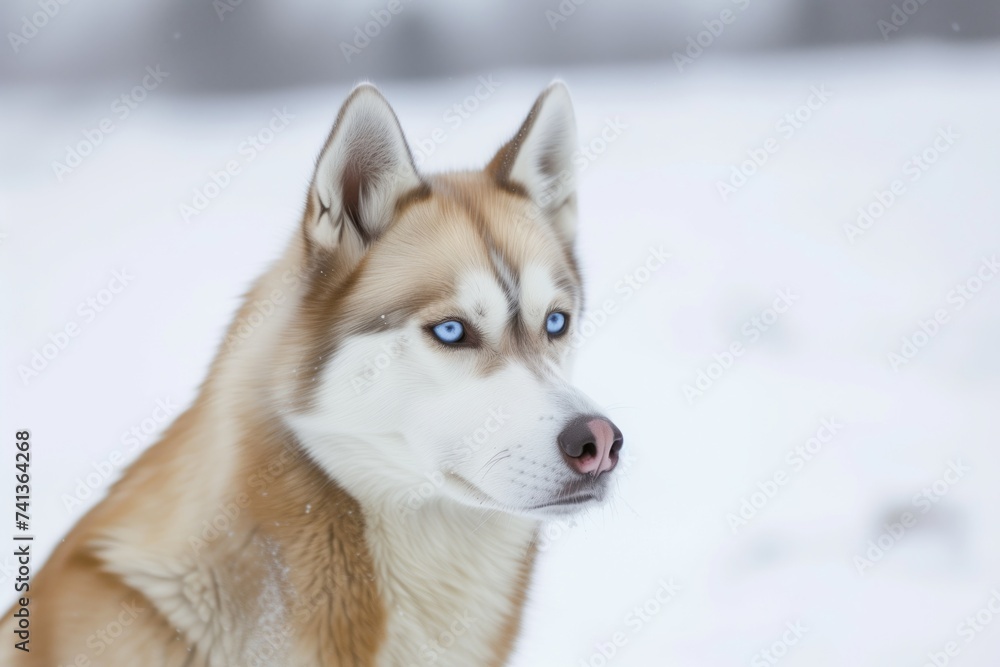 husky with piercing blue eyes in bright snowscape
