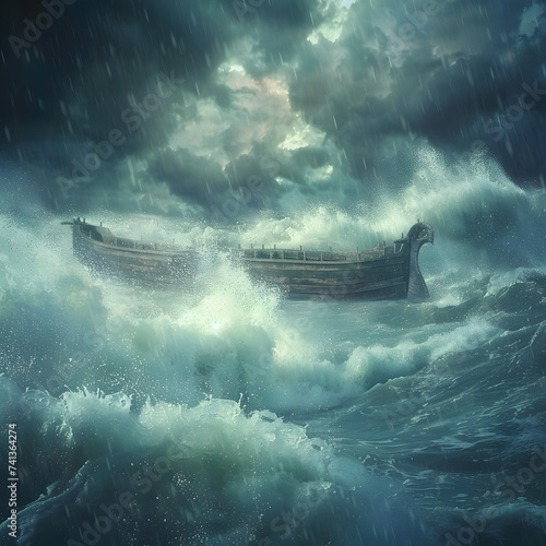 Noah's Ark during the flood as described in the Bible  photo