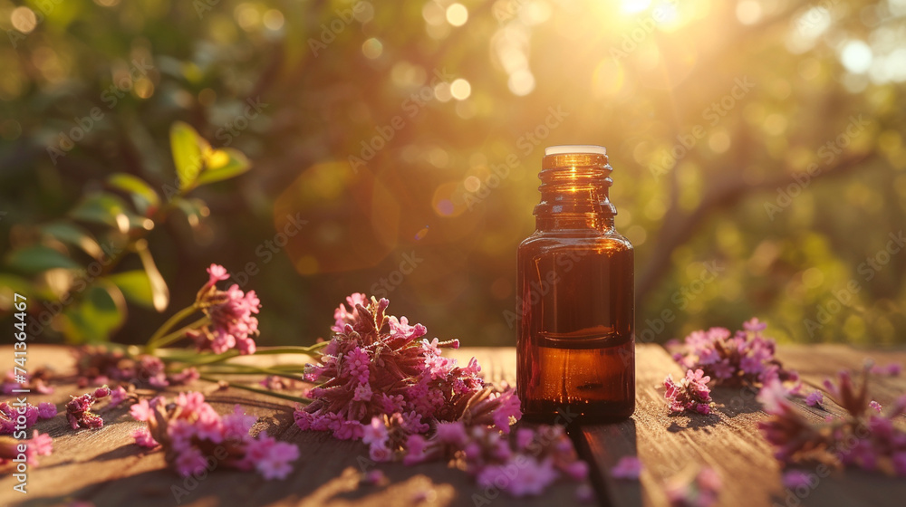 jar with valerian essential oil extract on a wooden background jar with valerian essential oil extract on a wooden background