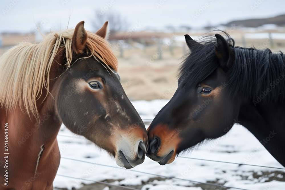 Fototapeta premium two icelandic horses rubbing noses in a display of affection