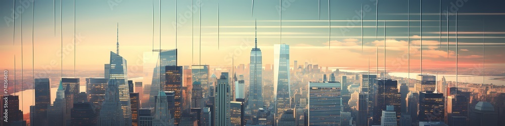 An ascending stock trend superimposed over a panoramic view of a financial district. - obrazy, fototapety, plakaty 