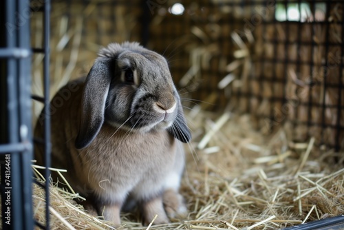 bunny with droopy ears sitting quietly in a strawfilled cage photo