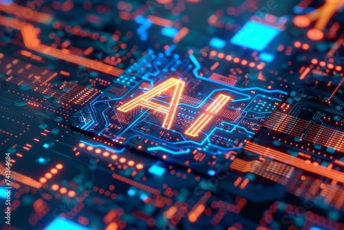 AI Brain Chip ai organizational change. Artificial Intelligence adenosine mind retina axon. Semiconductor ssl circuit board neon aqua