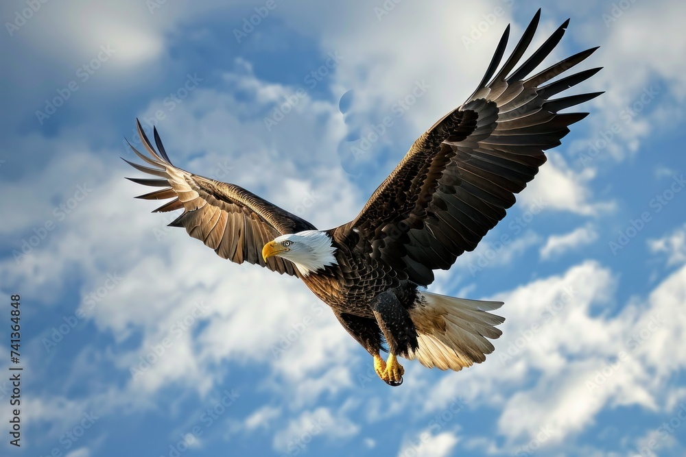 Naklejka premium Majestic bald eagle in flight against a backdrop of scattered clouds and blue sky, Generative AI