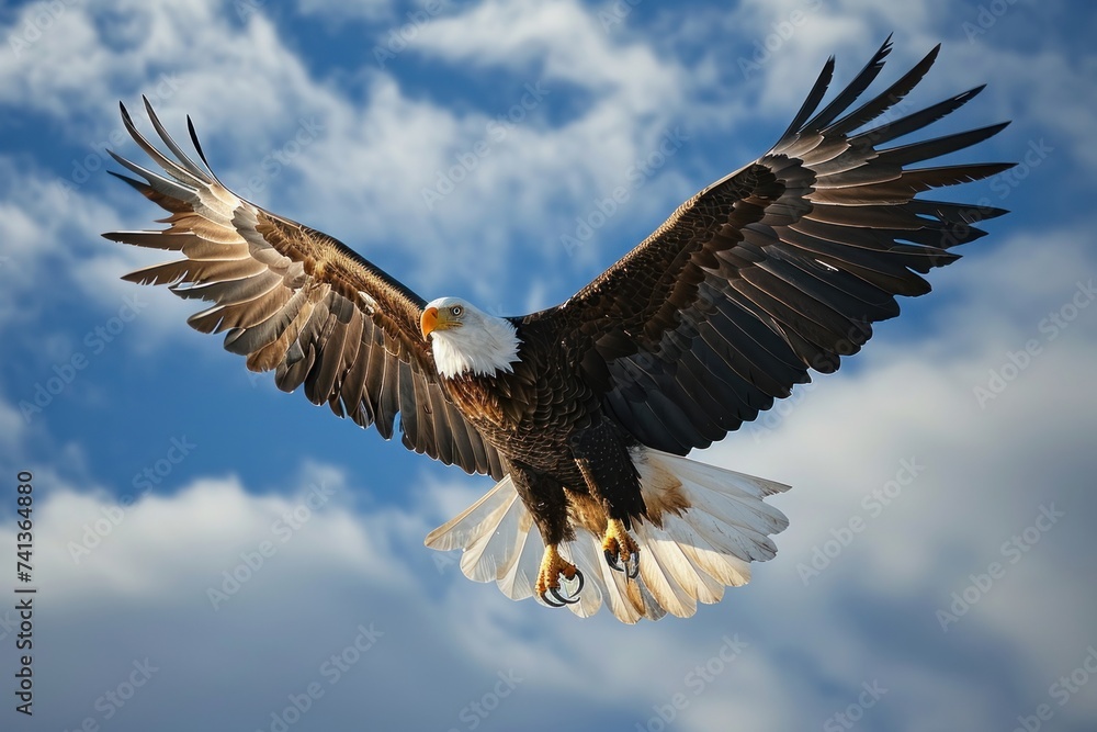 Majestic bald eagle in flight against a backdrop of scattered clouds and blue sky, Generative AI Majestic bald eagle in flight against a backdrop of scattered clouds and blue sky, Generative AI