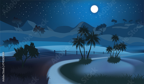 landscape night moon stars. natural tree and palace. vector isolate.