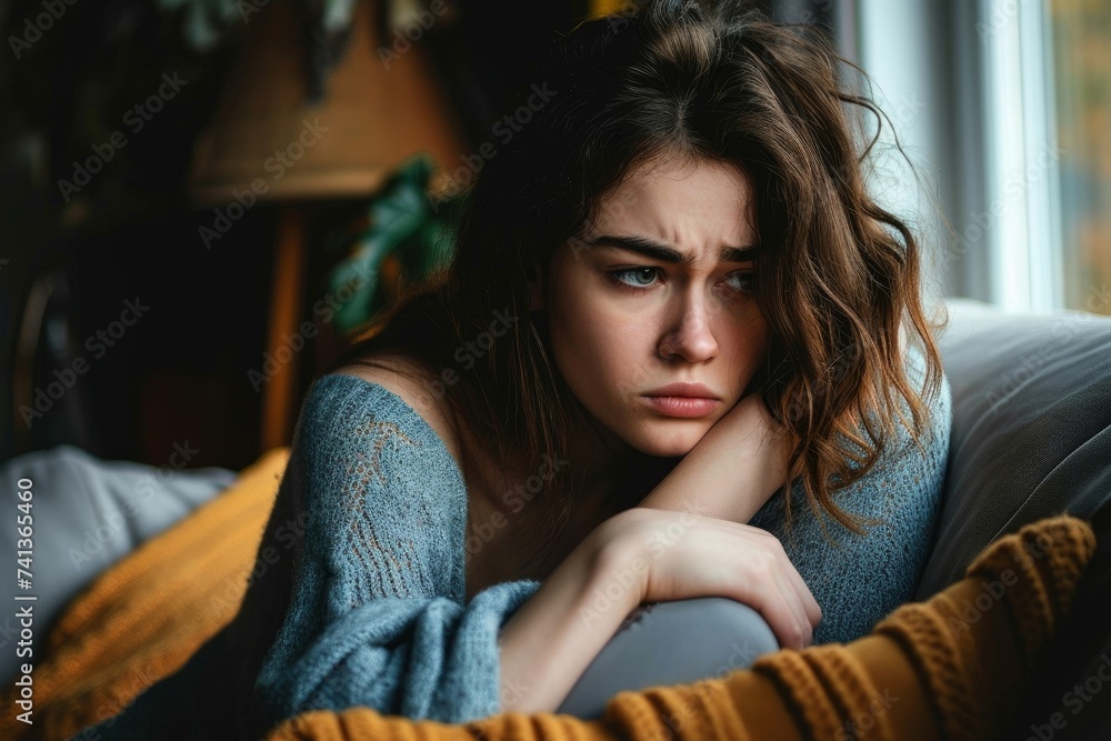 Anxious, nervous oung woman sitting on a couch, embracing a pillow, looking downcast, Generative AI Anxious, nervous oung woman sitting on a couch, embracing a pillow, looking downcast, Generative AI