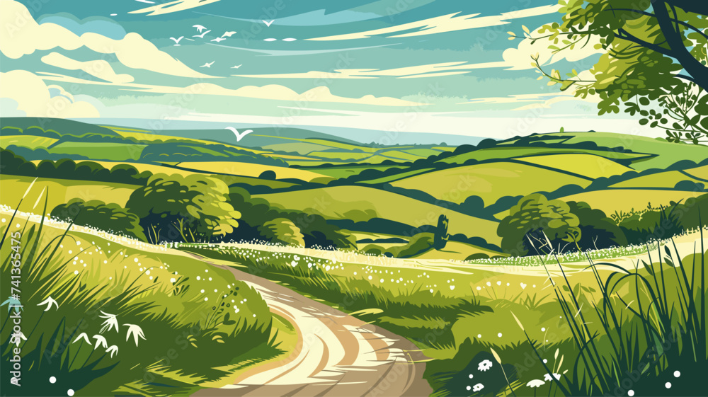 Vector illustration of a calm green landscape with hills, fields, trees, road.