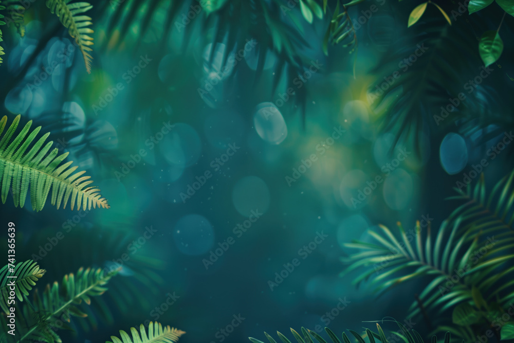 Tropical frame background with bokeh. A slide background for showcasing digital and creative content. Background image. Created with Generative AI technology.