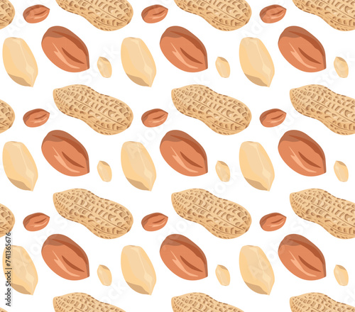 Peanut kernels are peeled and shelled at different angles. Seamless pattern in vector. Suitable for backgrounds and prints