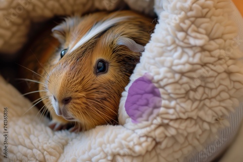 guinea pig with a lilac lipstick mark on its fur in a cozy bed