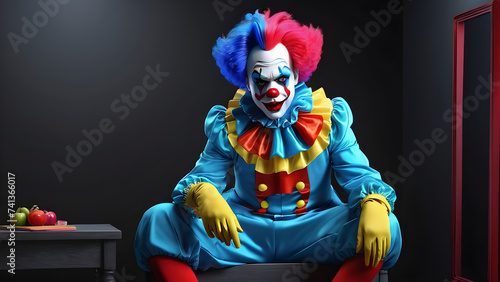a cartoon character male clown in a blue dress bright makeup and colored hair. clown with a ball