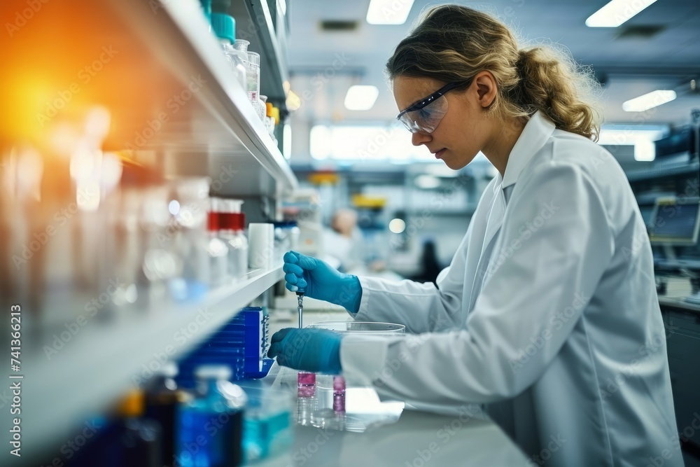 A female scientist in a lab coat conducting research in a modern laboratory environment, Generative AI