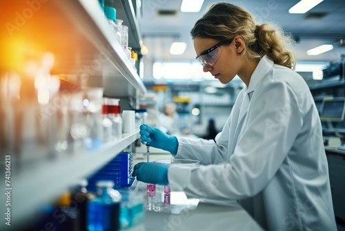 A female scientist in a lab coat conducting research in a modern laboratory environment, Generative AI