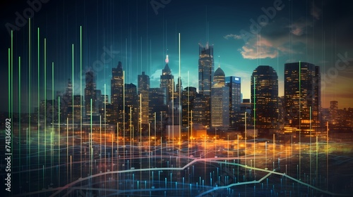A dynamic visualization of a stock graph overlaid on a cityscape, blending financial indicators with urban landscapes.