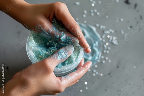 hands preparing a facial mask with visible microbeads content photo