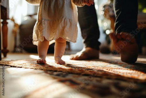 A baby's tiny bare feet take careful steps on a patterned rug, guided by an adult's hands, in a warm, sunlit room, Generative AI photo