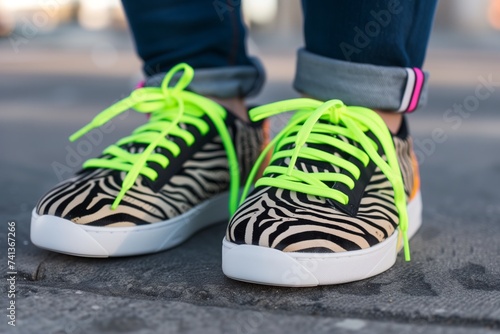 neongreen shoelaces on zebra print sneakers worn by a teenager photo