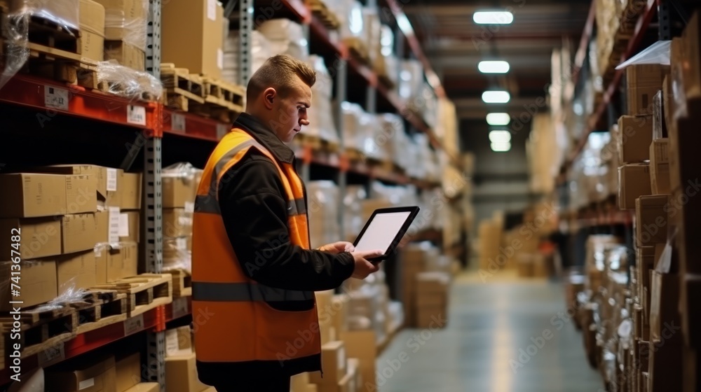 Warehouse receiver standing by delivered cargo, holding tablet and checking details