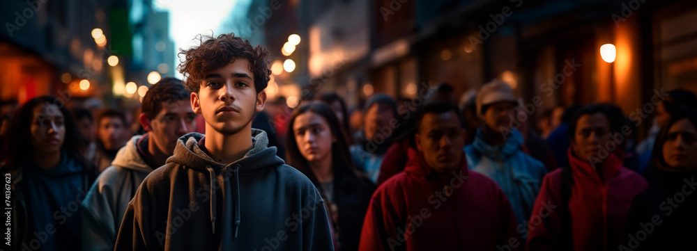 Young male stands out in a busy street crowd at twilight, solemn, wide-angle.