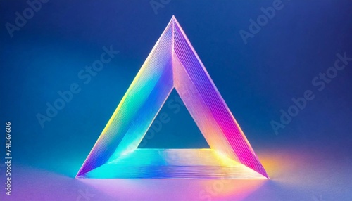 Holographic gradient triangle shape. Glowing ball, ultraviolet neon light, blank space. 3D rendering.