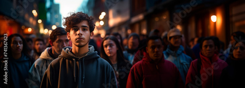 Young male stands out in a busy street crowd at twilight, solemn, wide-angle.