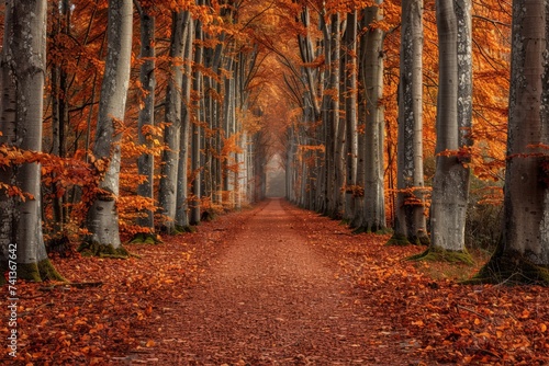 Pathway lined with autumn leaves and towering trees photo