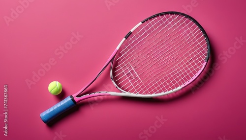 Close up One Racket for Tennis Sports, Isolated on Dark Pink Background © Emilian