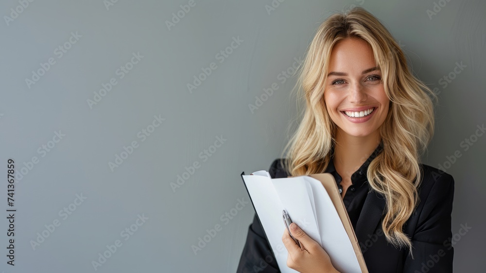Happy young businesswoman standing with notebook Happy young businesswoman standing with notebook