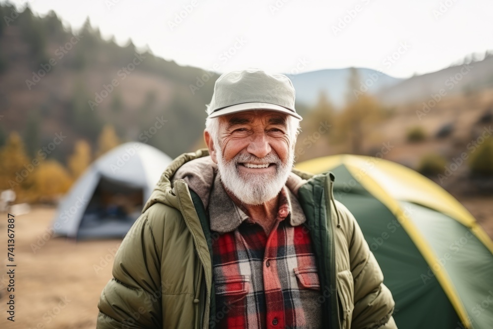 Portrait of senior man standing in front of his tent at campsite Portrait of senior man standing in front of his tent at campsite
