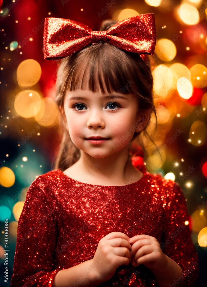 girl with a red bow on a festive background. Selective focus. girl with a red bow on a festive background. Selective focus.
