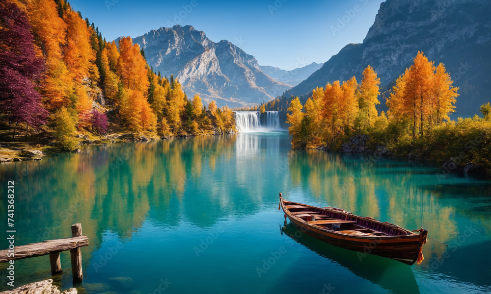 A wooden boat floats on a tranquil lake surrounded by mountains and trees adorned with vibrant autumn foliage. The scene encapsulates the serene beauty of nature.