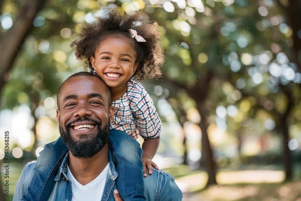 Love moment of African American Father and daughter playing in the park. Father's day concept. - obrazy, fototapety, plakaty 
