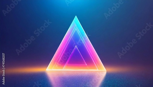 Holographic gradient triangle shape. Glowing ball, ultraviolet neon light, blank space. 3D rendering.