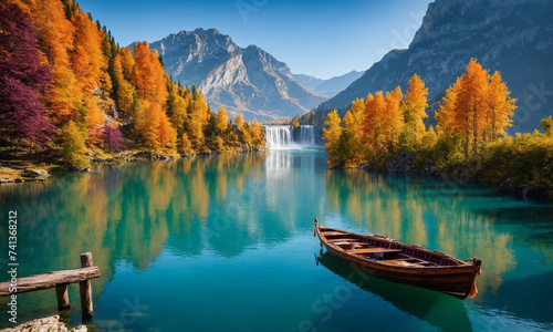 A wooden boat floats on a tranquil lake surrounded by mountains and trees adorned with vibrant autumn foliage. The scene encapsulates the serene beauty of nature. © Andrey